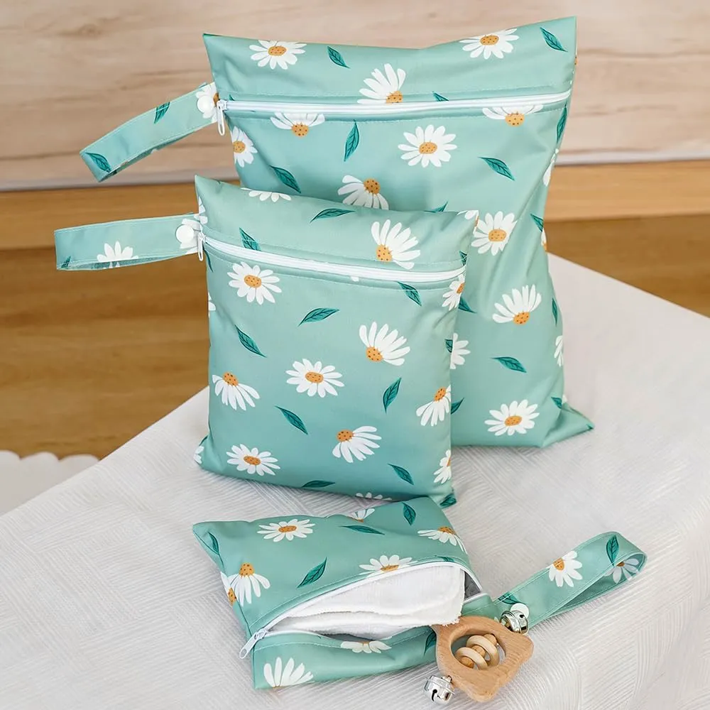 Diaper Wet Dry Bags for Baby Cloth Diapers - 3pcs/set Waterproof Reusable Washable Travel Bags, Gym Bag, Pool, Daycare Soiled Baby Items Yoga Gym Bag for Swimsuits & Wet Clothes (Daisy)