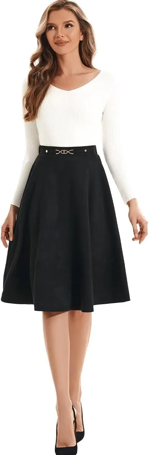 DIASHINY Faux Suede Knee Length Skirt for Women High Waist Flared Stretch A Line Midi Skater Skirts