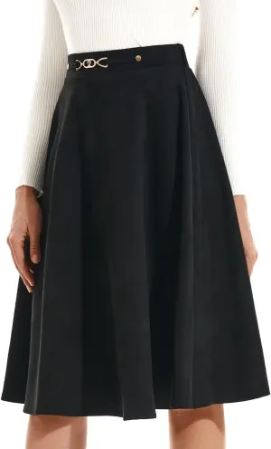 DIASHINY Faux Suede Knee Length Skirt for Women High Waist Flared Stretch A Line Midi Skater Skirts