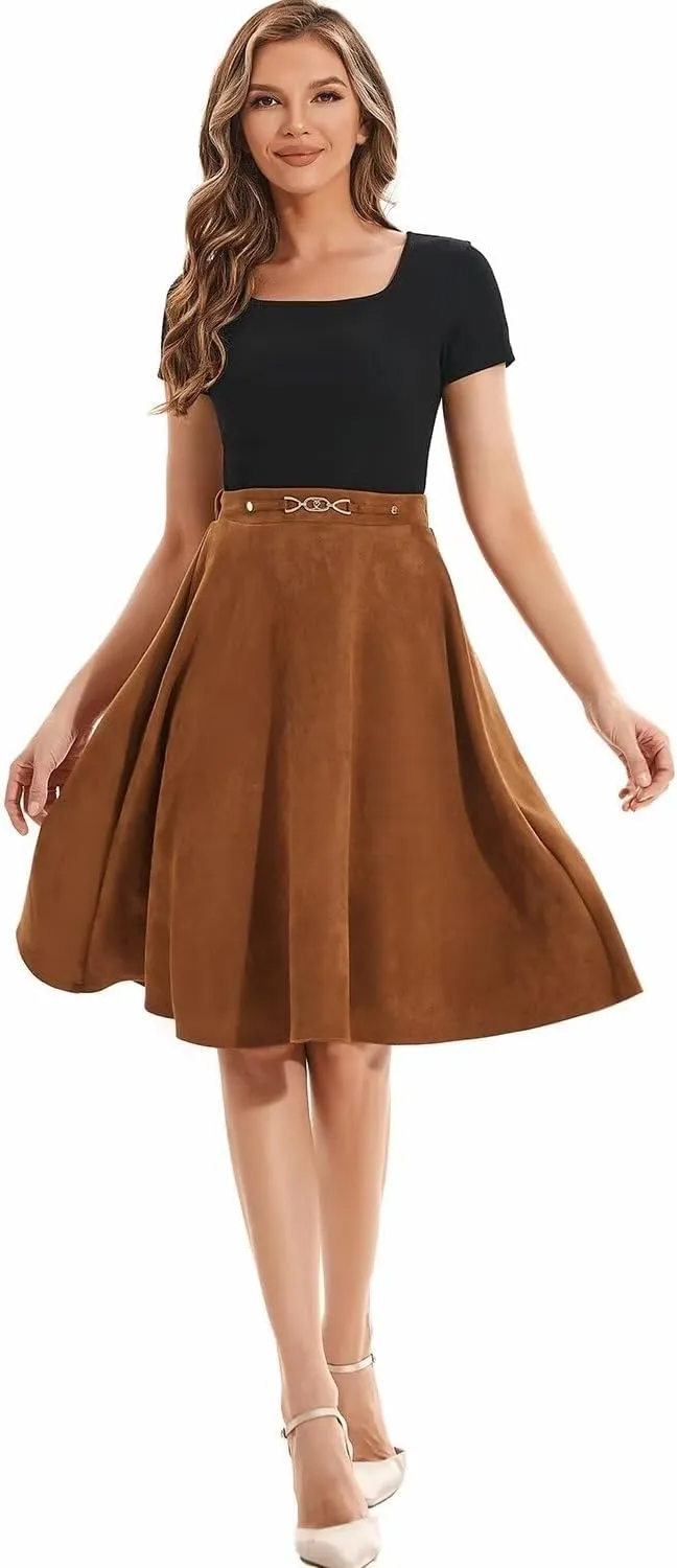 DIASHINY Faux Suede Knee Length Skirt for Women High Waist Flared Stretch A Line Midi Skater Skirts