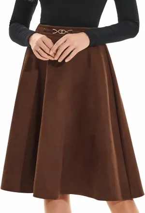 DIASHINY Faux Suede Knee Length Skirt for Women High Waist Flared Stretch A Line Midi Skater Skirts
