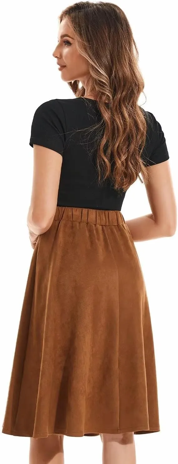 DIASHINY Faux Suede Knee Length Skirt for Women High Waist Flared Stretch A Line Midi Skater Skirts