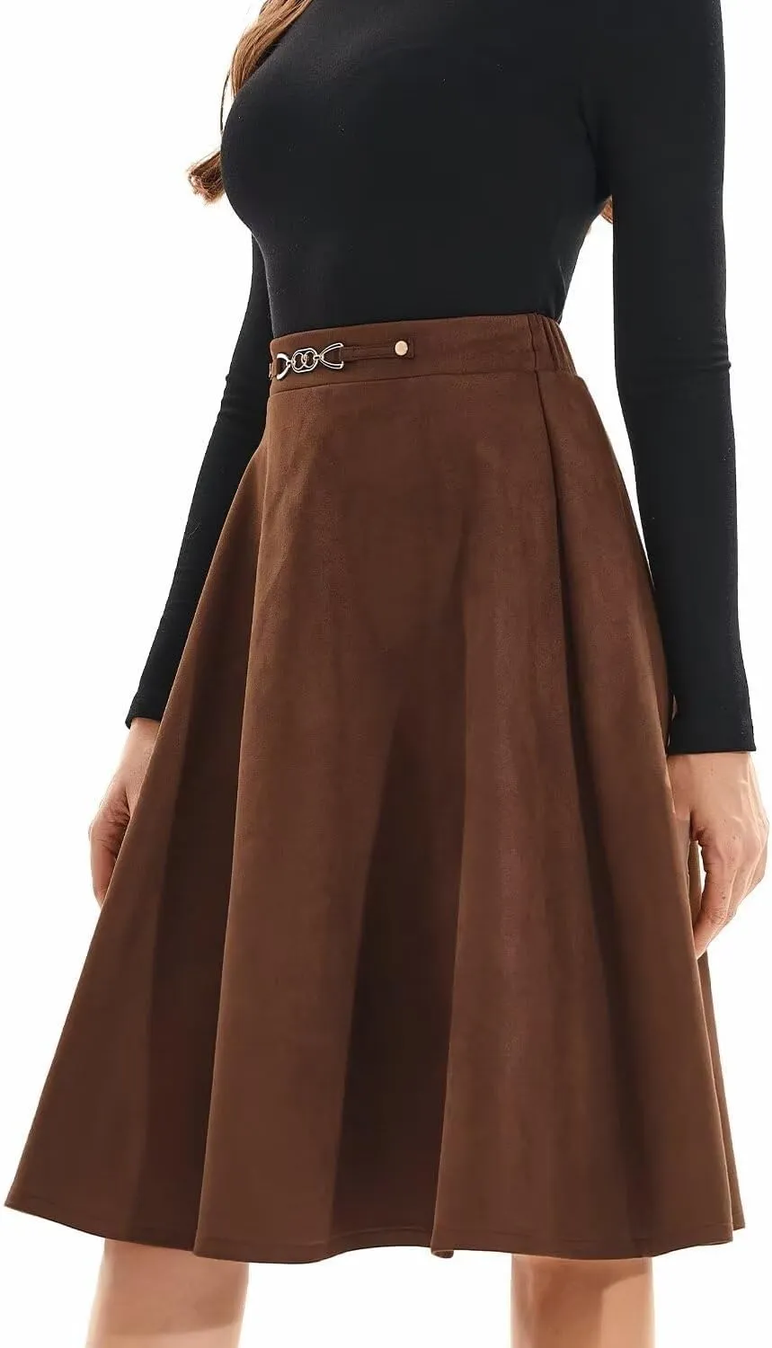 DIASHINY Faux Suede Knee Length Skirt for Women High Waist Flared Stretch A Line Midi Skater Skirts