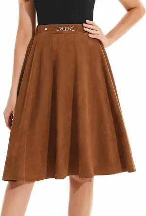DIASHINY Faux Suede Knee Length Skirt for Women High Waist Flared Stretch A Line Midi Skater Skirts