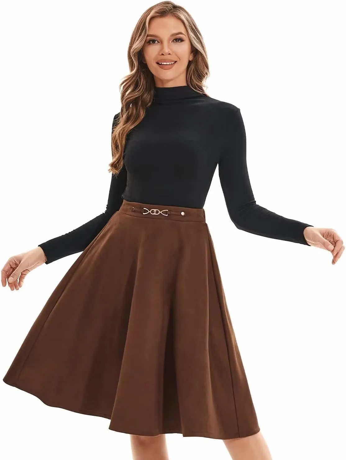 DIASHINY Faux Suede Knee Length Skirt for Women High Waist Flared Stretch A Line Midi Skater Skirts