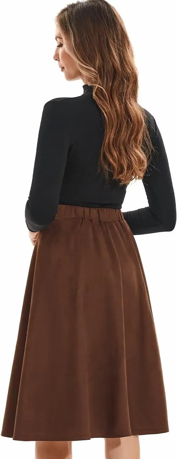 DIASHINY Faux Suede Knee Length Skirt for Women High Waist Flared Stretch A Line Midi Skater Skirts