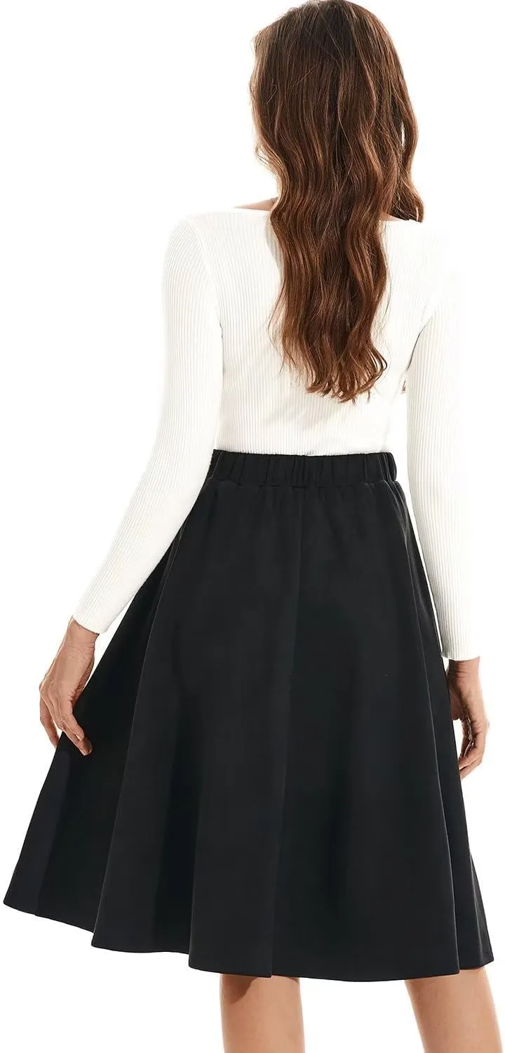 DIASHINY Faux Suede Knee Length Skirt for Women High Waist Flared Stretch A Line Midi Skater Skirts