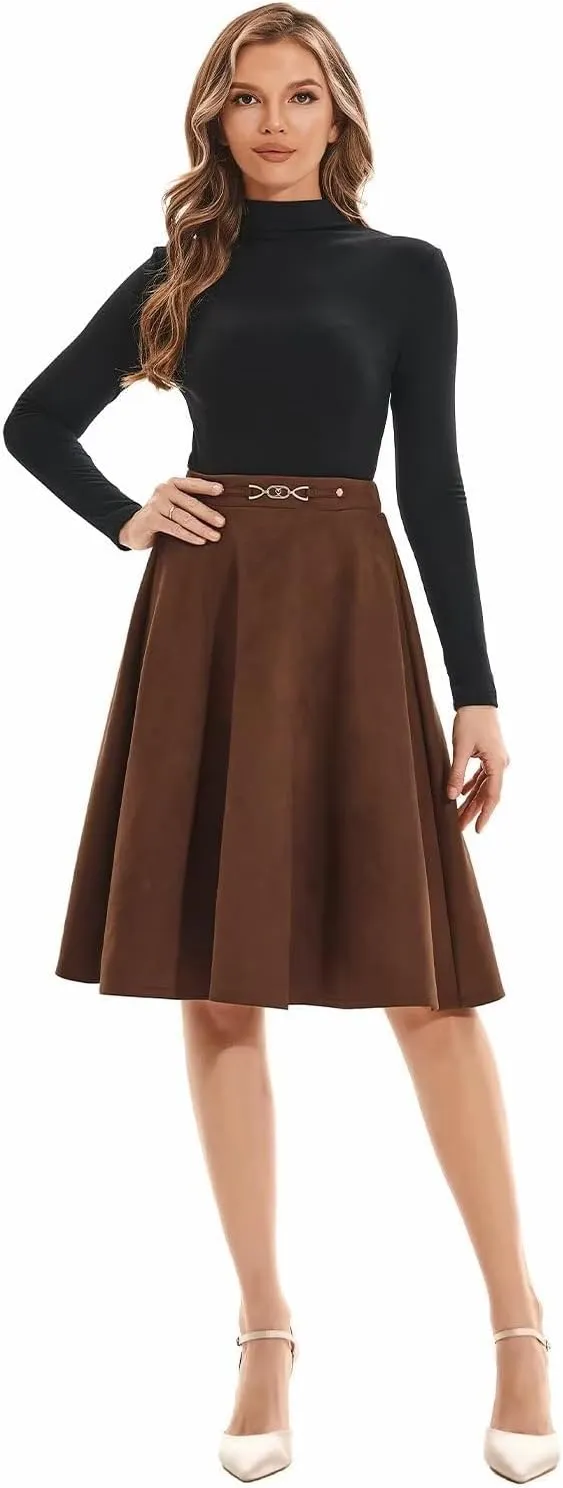 DIASHINY Faux Suede Knee Length Skirt for Women High Waist Flared Stretch A Line Midi Skater Skirts