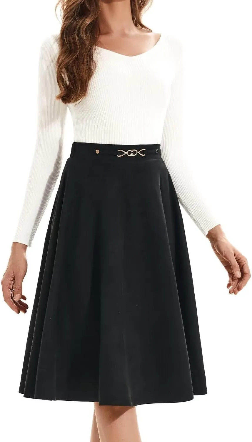 DIASHINY Faux Suede Knee Length Skirt for Women High Waist Flared Stretch A Line Midi Skater Skirts