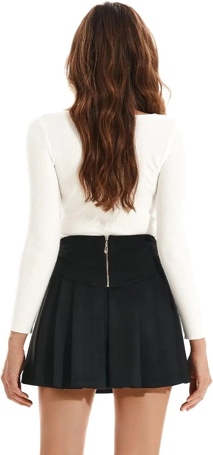 DIASHINY Faux Suede Mini Skirt for Women A Line Skater Belt Tie High Waist Flared Stretch Skirts