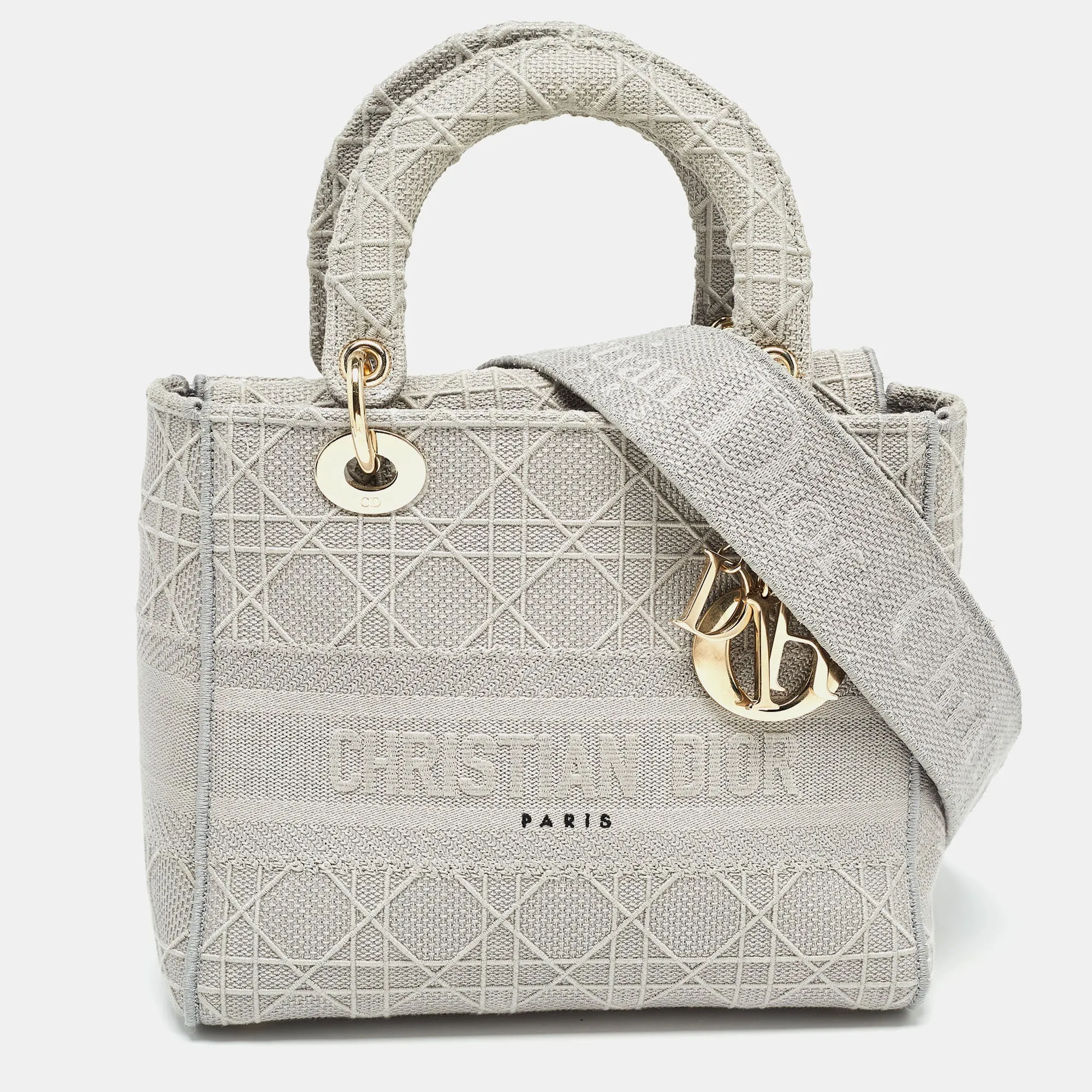 DIOR Grey Cannage Embroidered Canvas Medium Lady D-Lite Tote