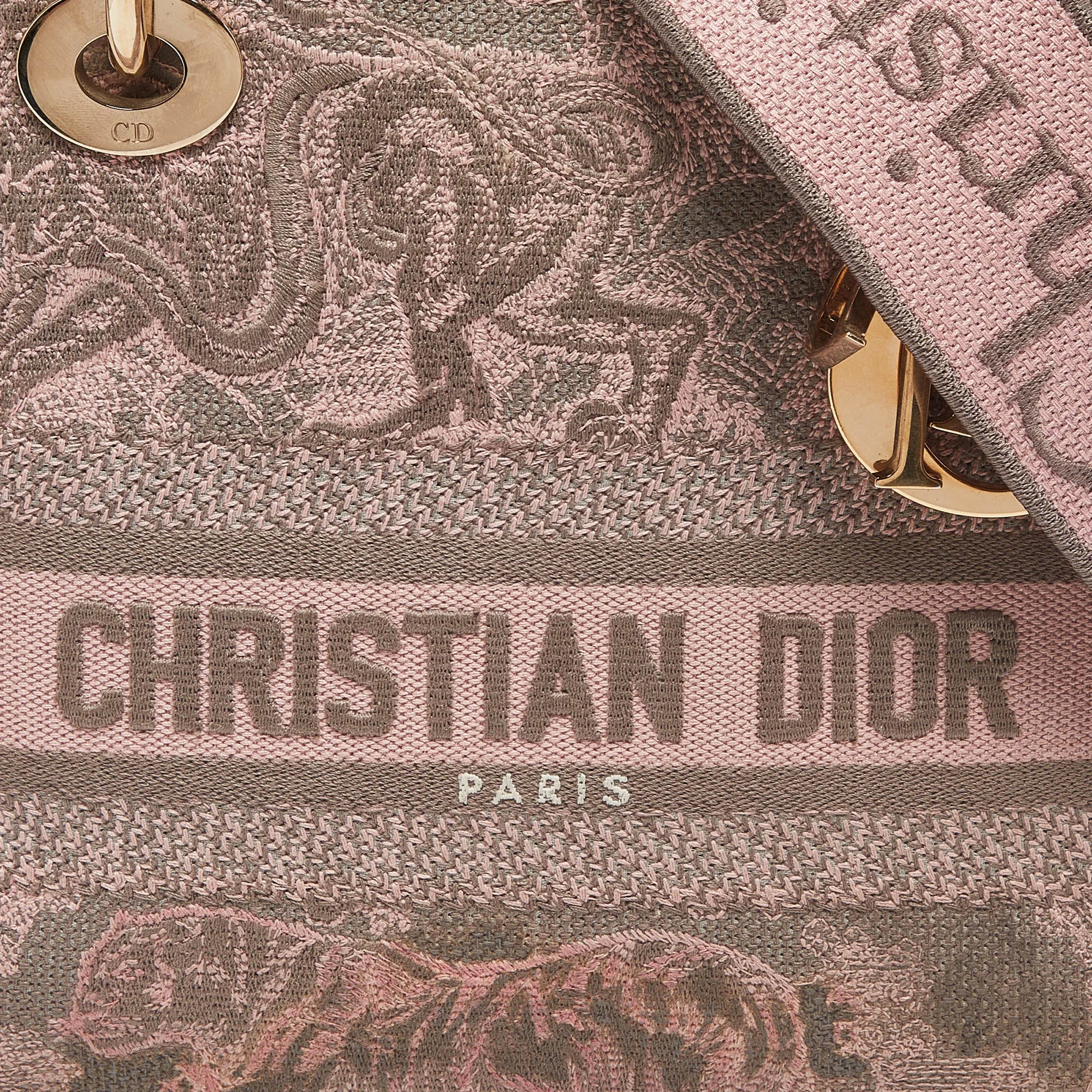 DIOR Pink/Grey Embroidered Canvas Medium Lady D-Lite Tote