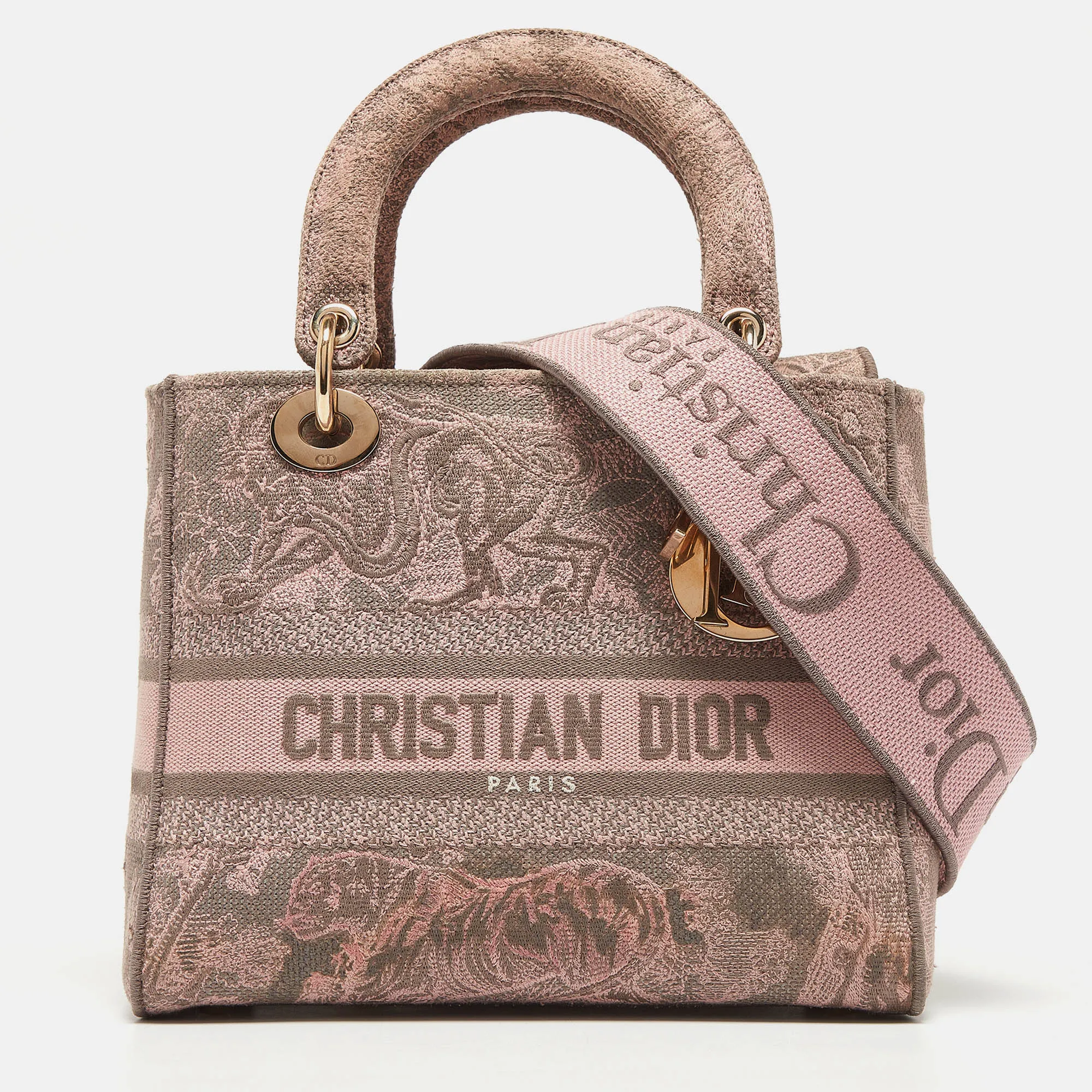 DIOR Pink/Grey Embroidered Canvas Medium Lady D-Lite Tote