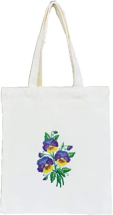 DIY Stamped Embroidery Tote Bag Kits Pansy Flower with Pattern Hoops Threads Needlework Art Reusable Shopping Storage Handbag Cross Stitch Kits Home Organizer for Woman
