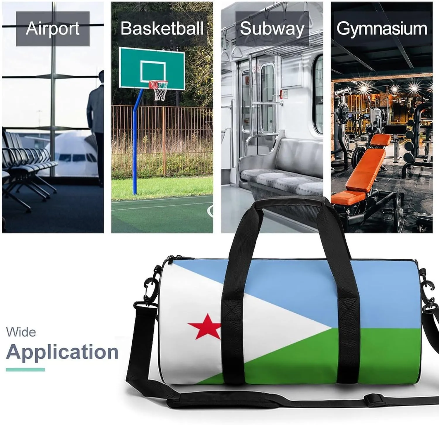 Djiboutian Flag Sports Duffel Bag for Boys Girls with Dry Wet Separation Overnight Gym Bag