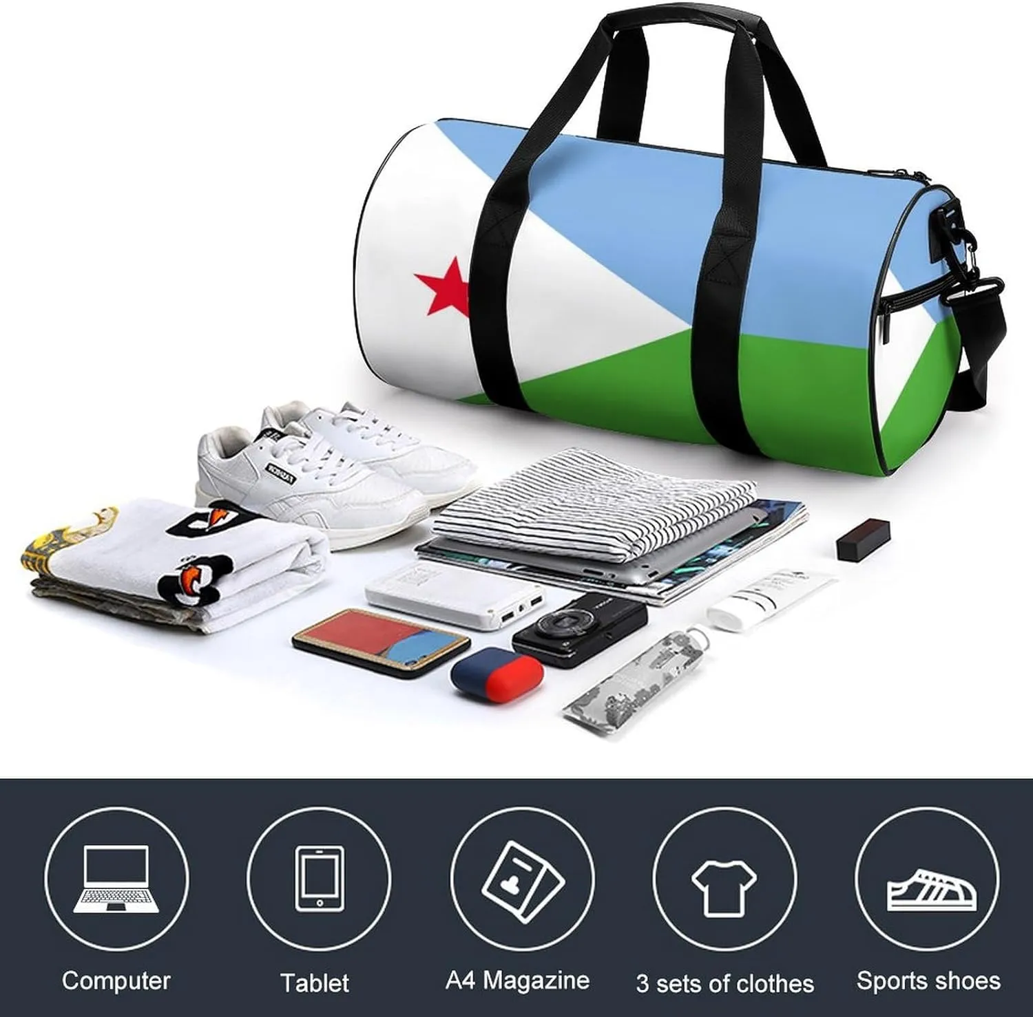 Djiboutian Flag Sports Duffel Bag for Boys Girls with Dry Wet Separation Overnight Gym Bag