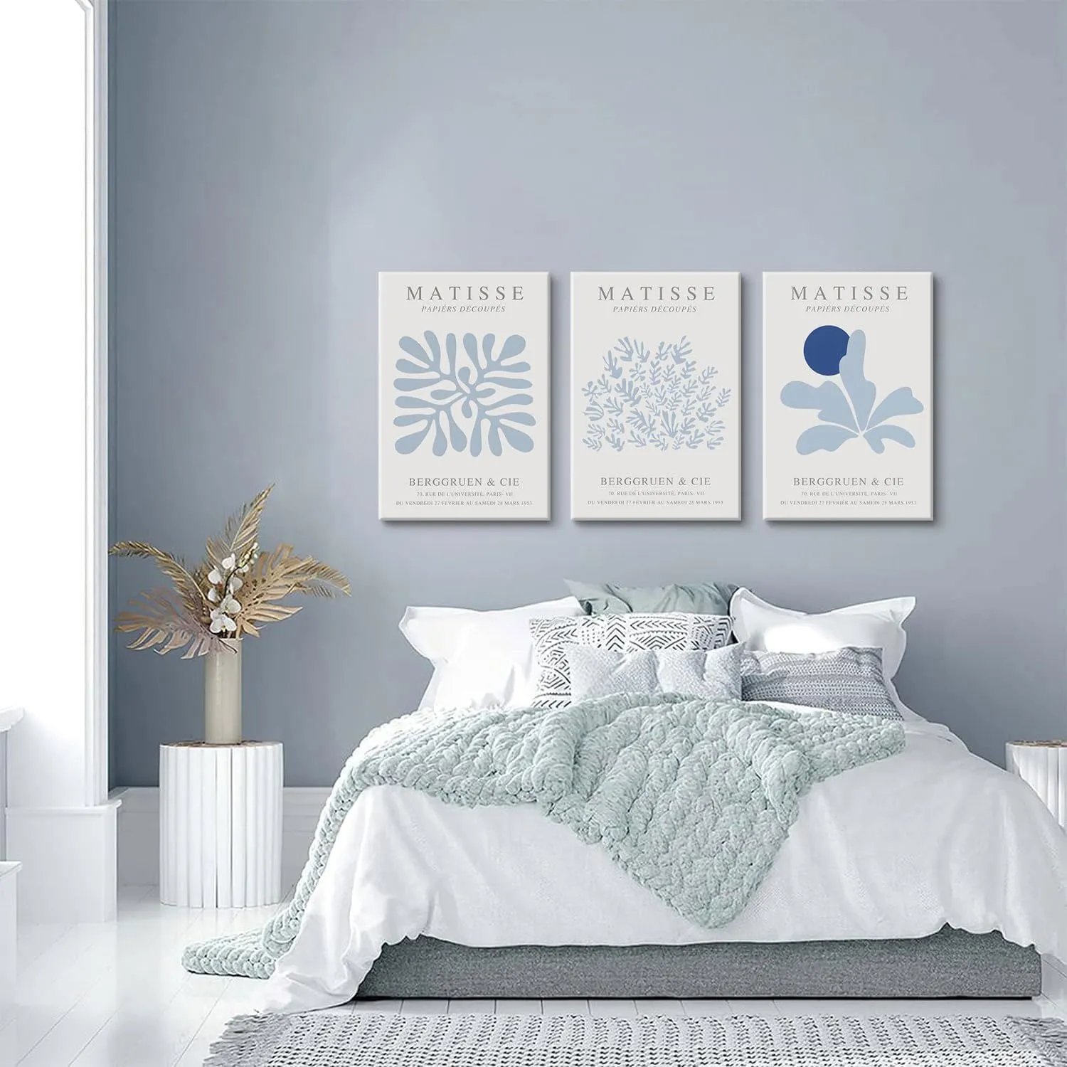 Djmwtb Matisse Canvas Wall Art Blue Abstract Poster Prints Framed Set of 3 Plant Leaves Aesthetic Pictures Minimalist Flower Market Painting Wall Decor for Living Room Bedroom Bathroom 12x16in