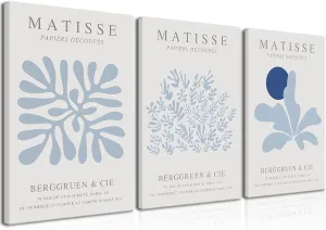 Djmwtb Matisse Canvas Wall Art Blue Abstract Poster Prints Framed Set of 3 Plant Leaves Aesthetic Pictures Minimalist Flower Market Painting Wall Decor for Living Room Bedroom Bathroom 12x16in