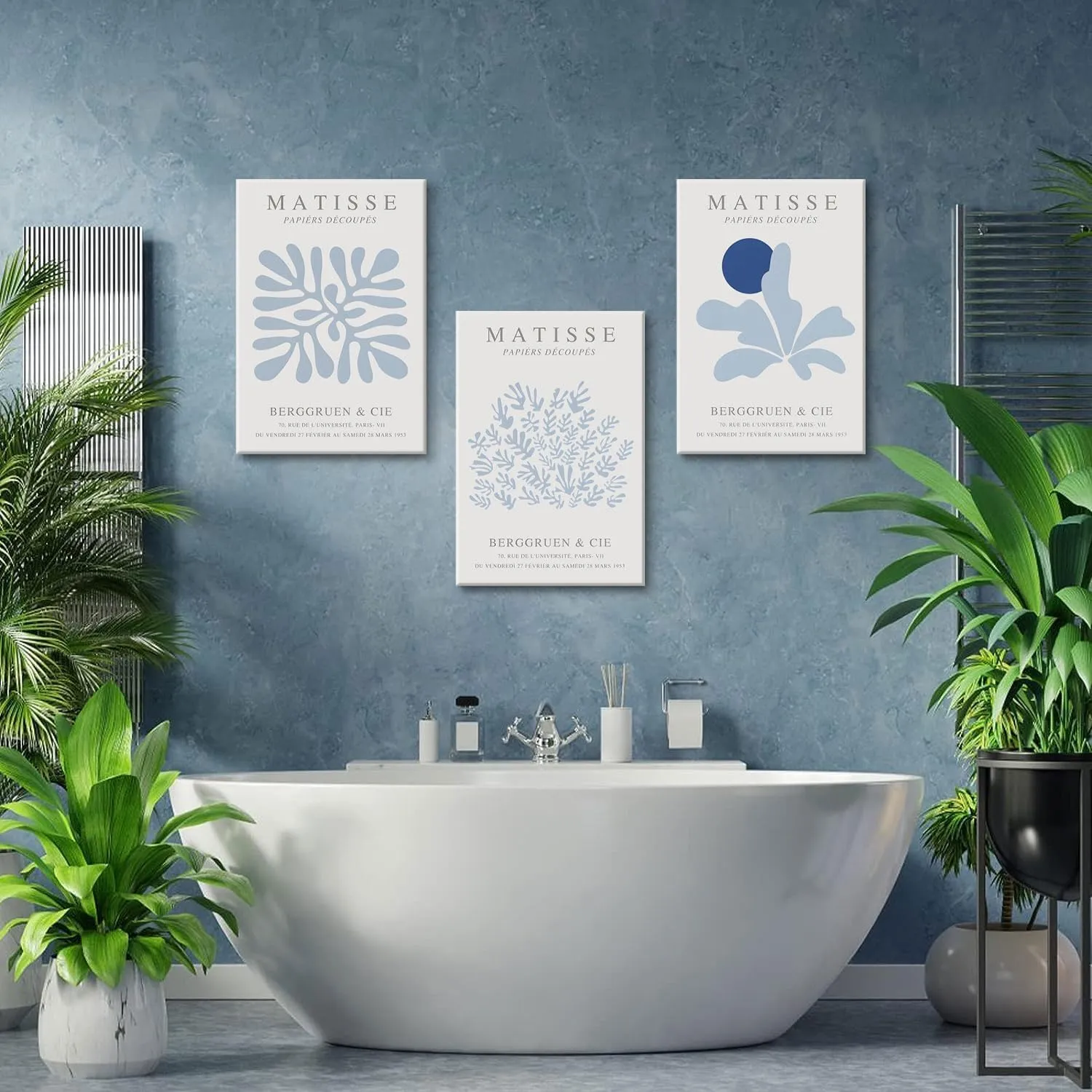 Djmwtb Matisse Canvas Wall Art Blue Abstract Poster Prints Framed Set of 3 Plant Leaves Aesthetic Pictures Minimalist Flower Market Painting Wall Decor for Living Room Bedroom Bathroom 12x16in