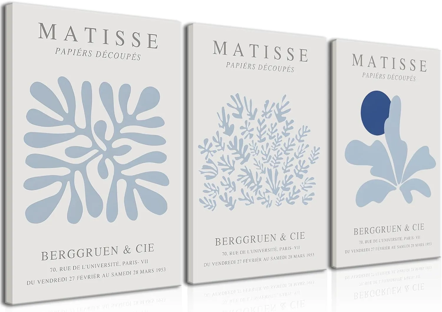 Djmwtb Matisse Canvas Wall Art Blue Abstract Poster Prints Framed Set of 3 Plant Leaves Aesthetic Pictures Minimalist Flower Market Painting Wall Decor for Living Room Bedroom Bathroom 12x16in