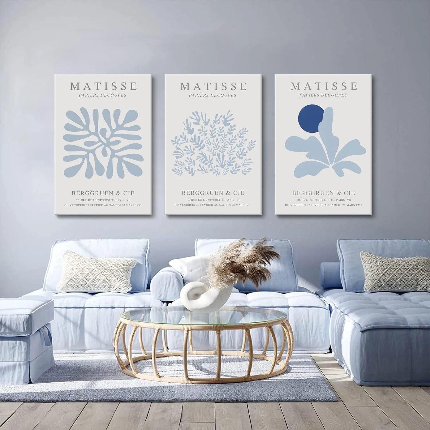 Djmwtb Matisse Canvas Wall Art Blue Abstract Poster Prints Framed Set of 3 Plant Leaves Aesthetic Pictures Minimalist Flower Market Painting Wall Decor for Living Room Bedroom Bathroom 12x16in