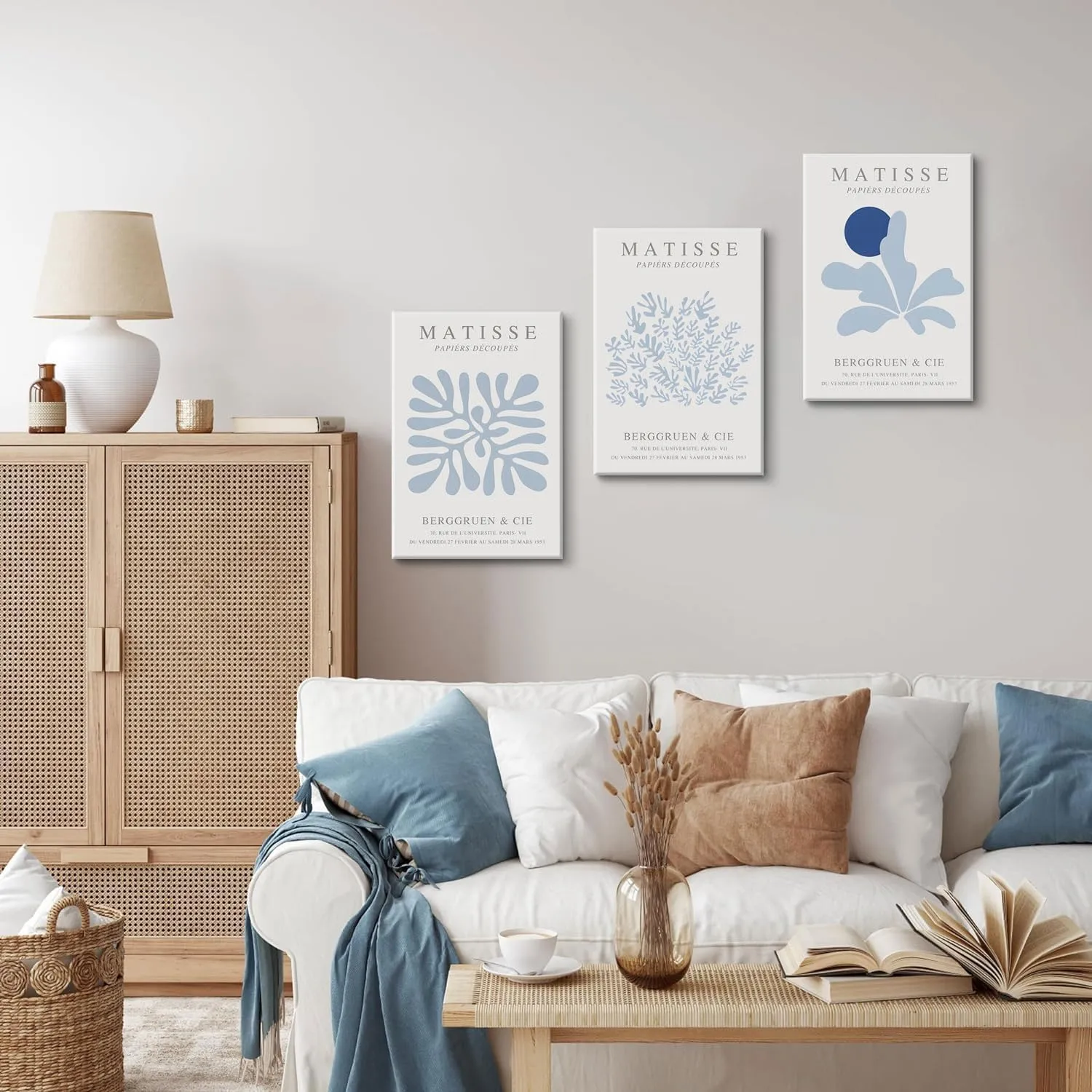 Djmwtb Matisse Canvas Wall Art Blue Abstract Poster Prints Framed Set of 3 Plant Leaves Aesthetic Pictures Minimalist Flower Market Painting Wall Decor for Living Room Bedroom Bathroom 12x16in