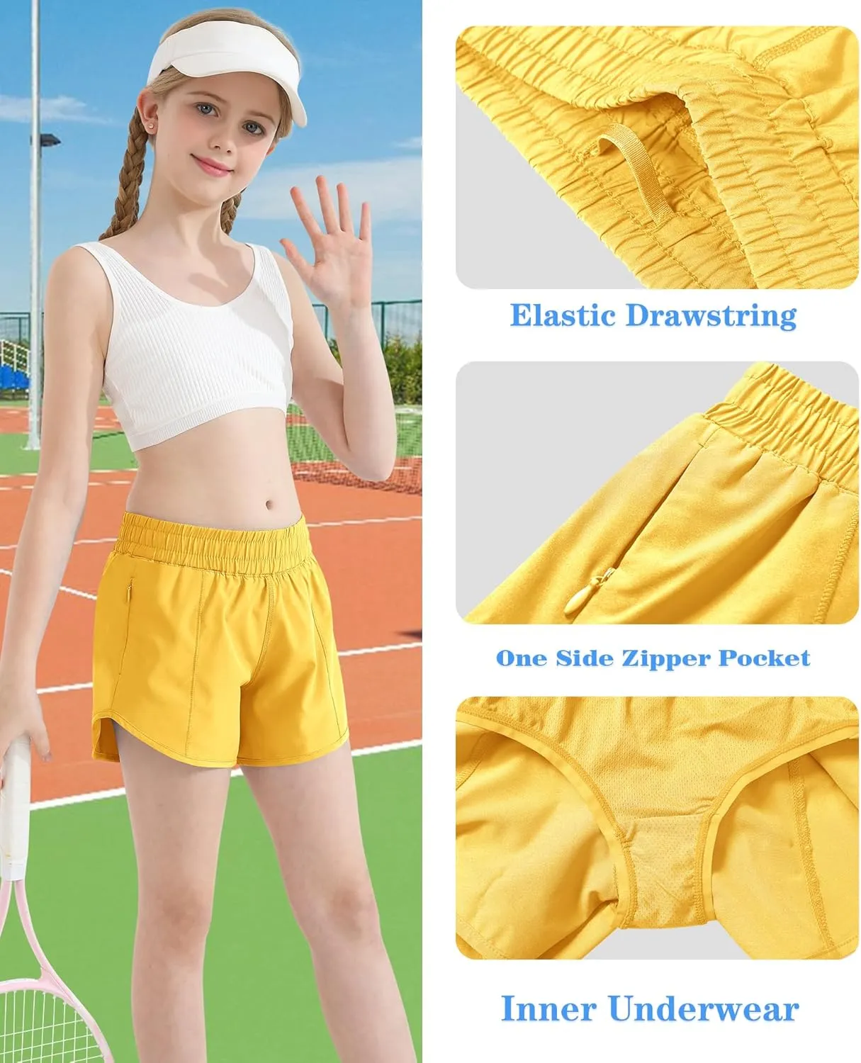 DOCUMO Girl's Athletic Shorts with Liner Zipper Pockets Quick Dry Running Shorts Sports Active Shorts for Teen Girls