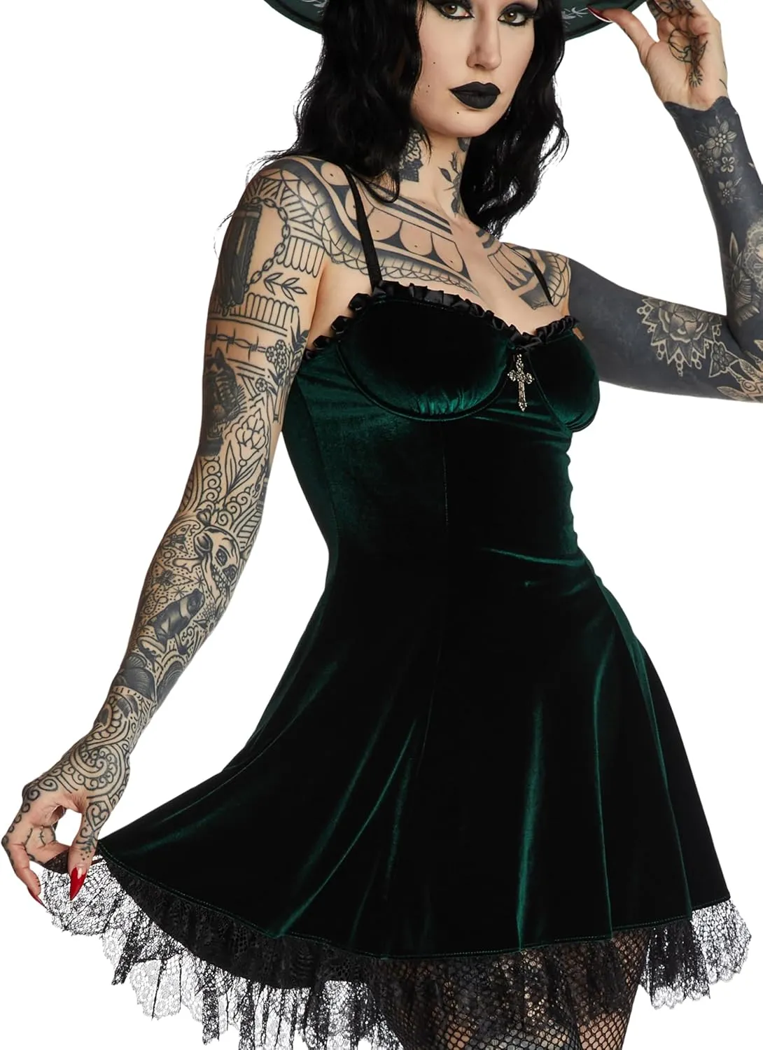 Dolls Kill Blind Faith Velvet Dress by Widow – Velvet Mini Dress with Lace Trim and Cross Design for Dark Romantic Fashion