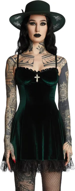Dolls Kill Blind Faith Velvet Dress by Widow – Velvet Mini Dress with Lace Trim and Cross Design for Dark Romantic Fashion