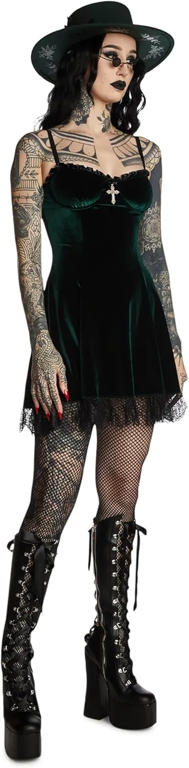 Dolls Kill Blind Faith Velvet Dress by Widow – Velvet Mini Dress with Lace Trim and Cross Design for Dark Romantic Fashion