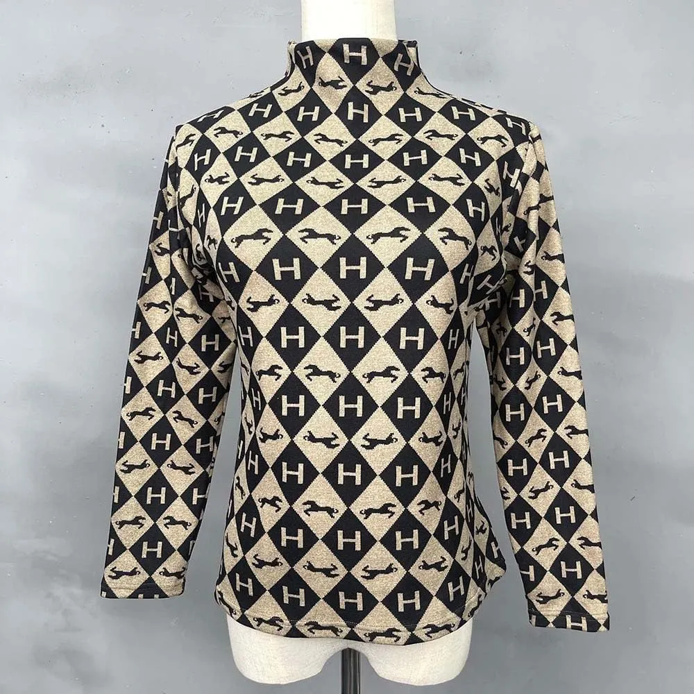 Dralon Turtleneck Tops for Women Autumn Winter Thickened Thermal Underwear Inner Warm Printed Long-Sleeved Shirt