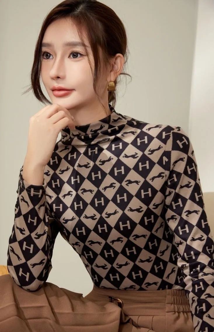 Dralon Turtleneck Tops for Women Autumn Winter Thickened Thermal Underwear Inner Warm Printed Long-Sleeved Shirt