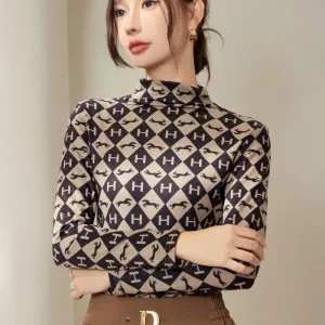 Dralon Turtleneck Tops for Women Autumn Winter Thickened Thermal Underwear Inner Warm Printed Long-Sleeved Shirt