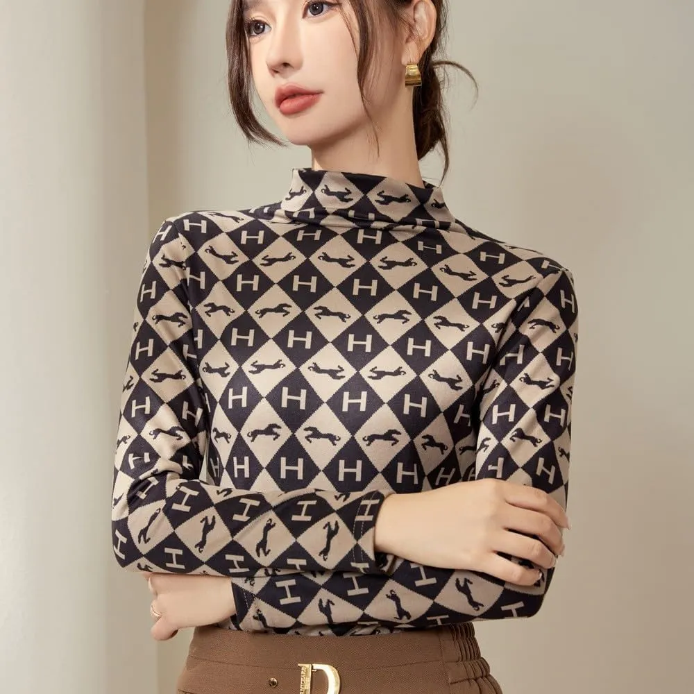 Dralon Turtleneck Tops for Women Autumn Winter Thickened Thermal Underwear Inner Warm Printed Long-Sleeved Shirt