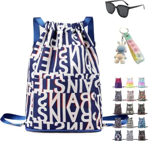 Drawstring Foldable Large Capacity Dry-wet Separation Travel Sports Backpack, Illuminate Waterproof Bag for Travel, Fitness (Blue Letter)
