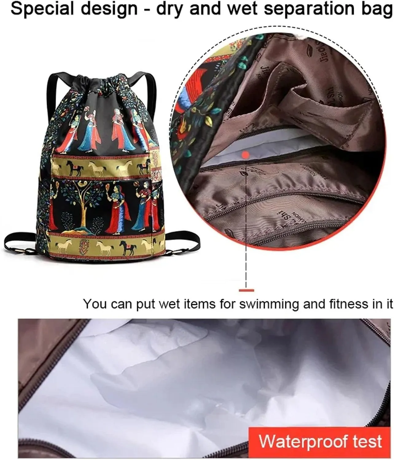 Drawstring Foldable Large Capacity Dry-wet Separation Travel Sports Backpack Waterproof Gym Bag with Multiple Pockets (White)