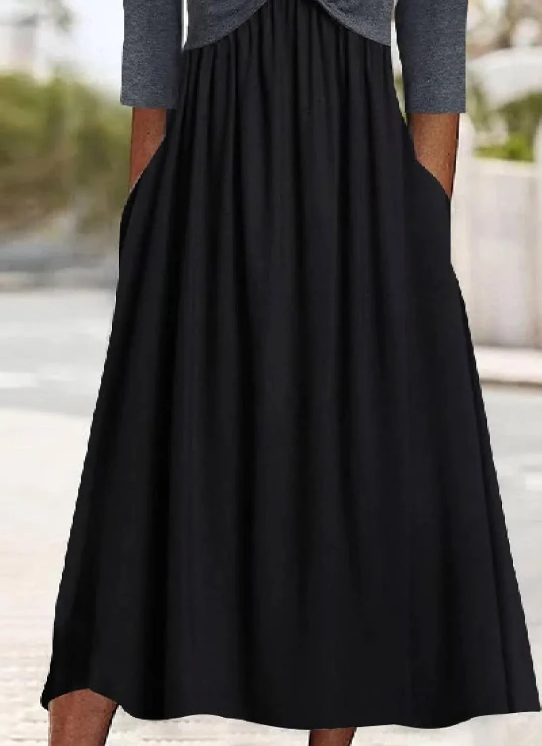 Dresses for Women Summer Trendy Black Color Block Round Neck 3/4 Sleeve Side Pockets Pleated A-Line Midi Dress