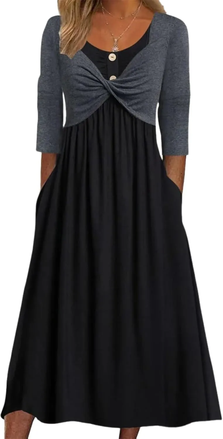 Dresses for Women Summer Trendy Black Color Block Round Neck 3/4 Sleeve Side Pockets Pleated A-Line Midi Dress