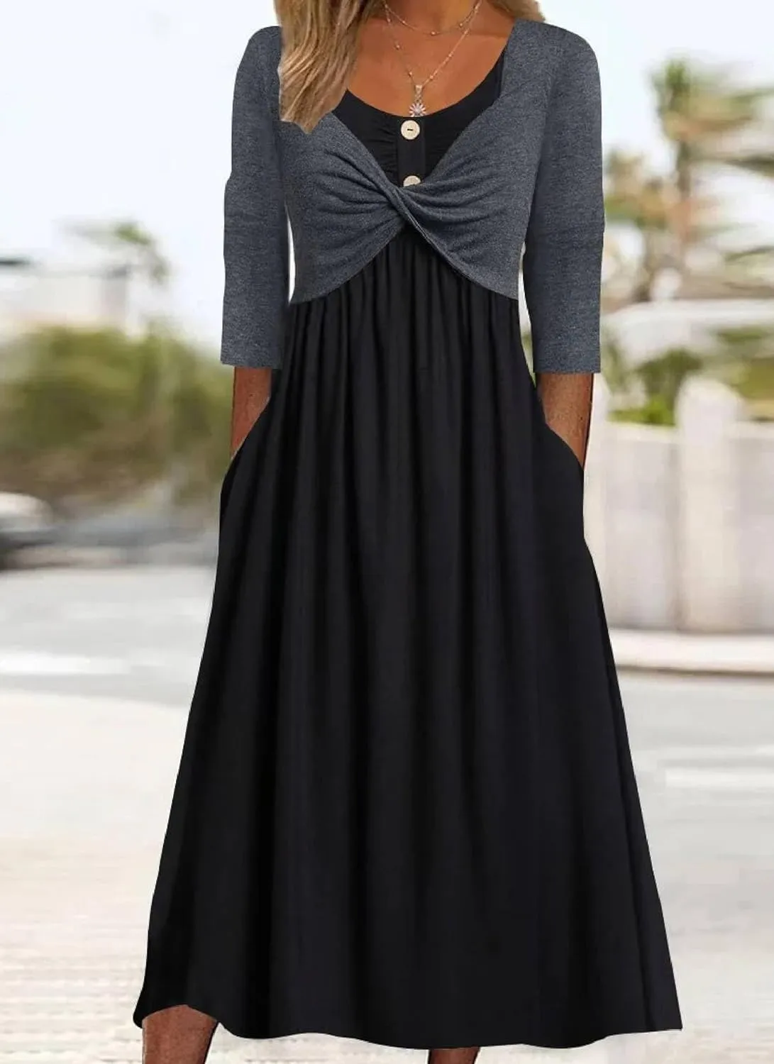 Dresses for Women Summer Trendy Black Color Block Round Neck 3/4 Sleeve Side Pockets Pleated A-Line Midi Dress