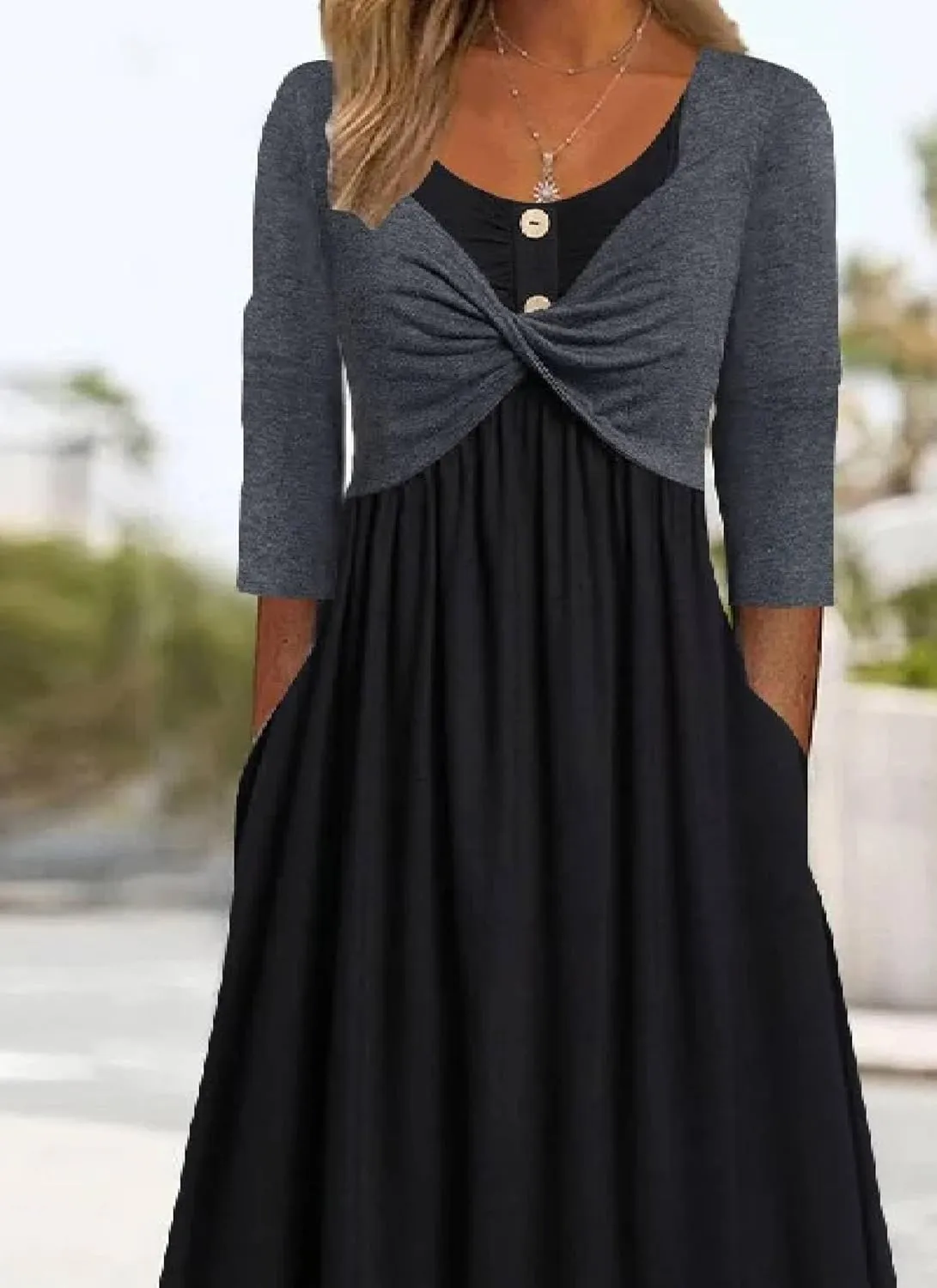 Dresses for Women Summer Trendy Black Color Block Round Neck 3/4 Sleeve Side Pockets Pleated A-Line Midi Dress