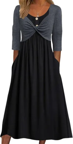 Dresses for Women Summer Trendy Black Color Block Round Neck 3/4 Sleeve Side Pockets Pleated A-Line Midi Dress
