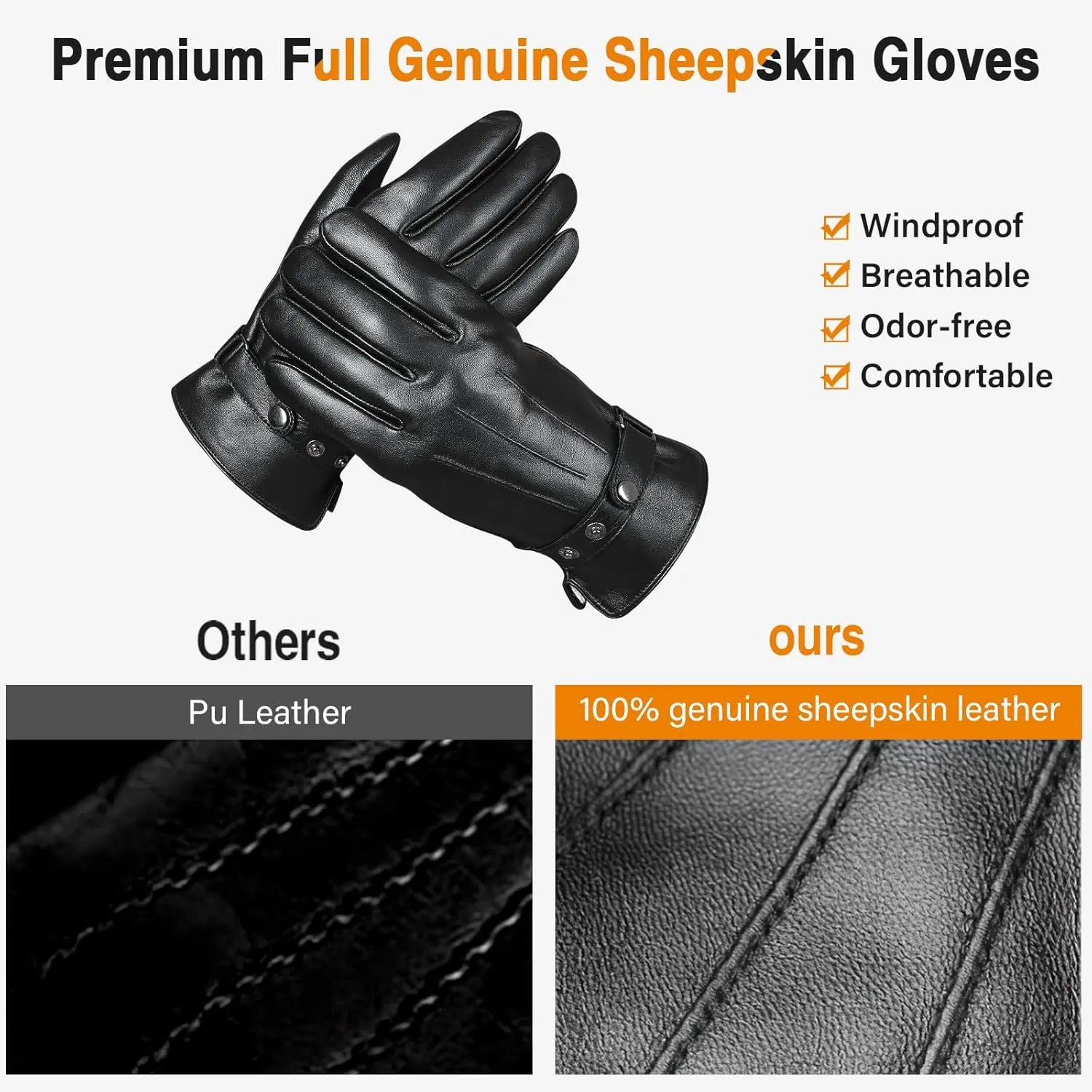 Eadali Authentic Sheepskin Leather Winter Gloves for Men with Lambswool Lining