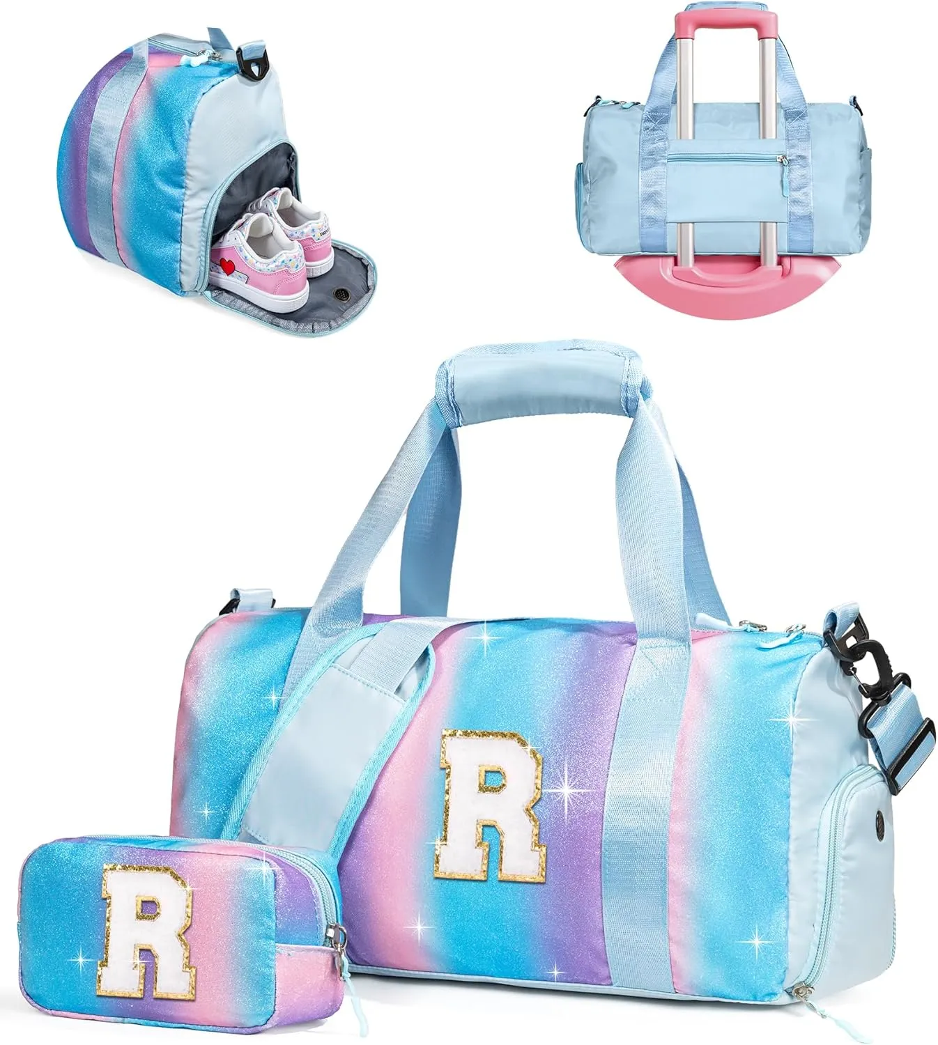 Easter Gifts for Kids-Girl Gym Bag with Shoe Compartment, Kid Personalized Weekender Overnight Bags, Initial Travel Tote with Makeup Pouch, Valentines Day Gift for Girls (Letter R)