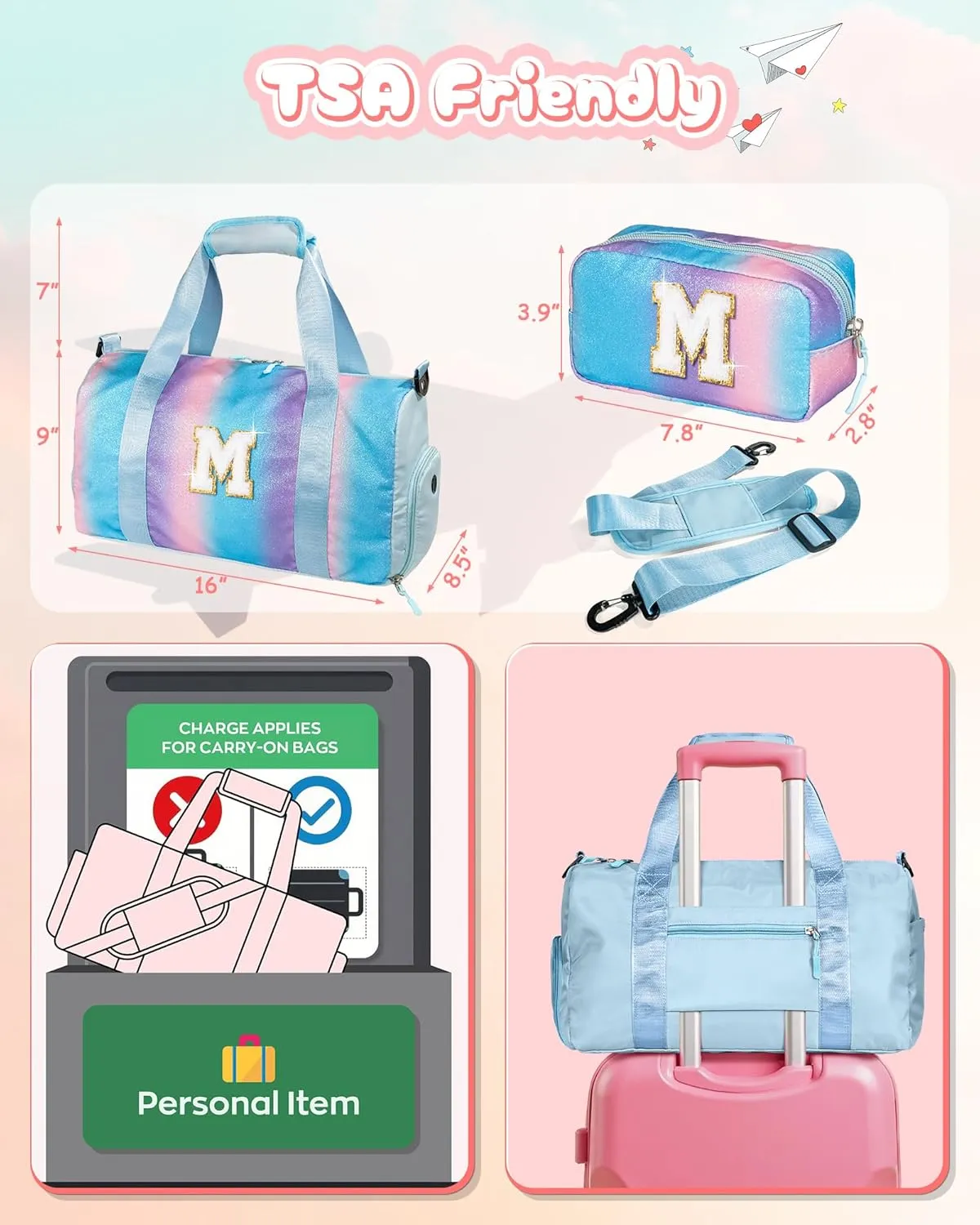 Easter Gifts for Kids-Girl Gym Bag with Shoe Compartment, Kid Personalized Weekender Overnight Bags, Initial Travel Tote with Makeup Pouch, Valentines Day Gift for Girls (Letter R)