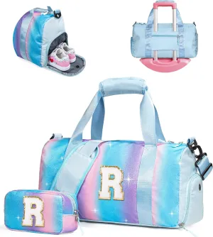 Easter Gifts for Kids-Girl Gym Bag with Shoe Compartment, Kid Personalized Weekender Overnight Bags, Initial Travel Tote with Makeup Pouch, Valentines Day Gift for Girls (Letter R)