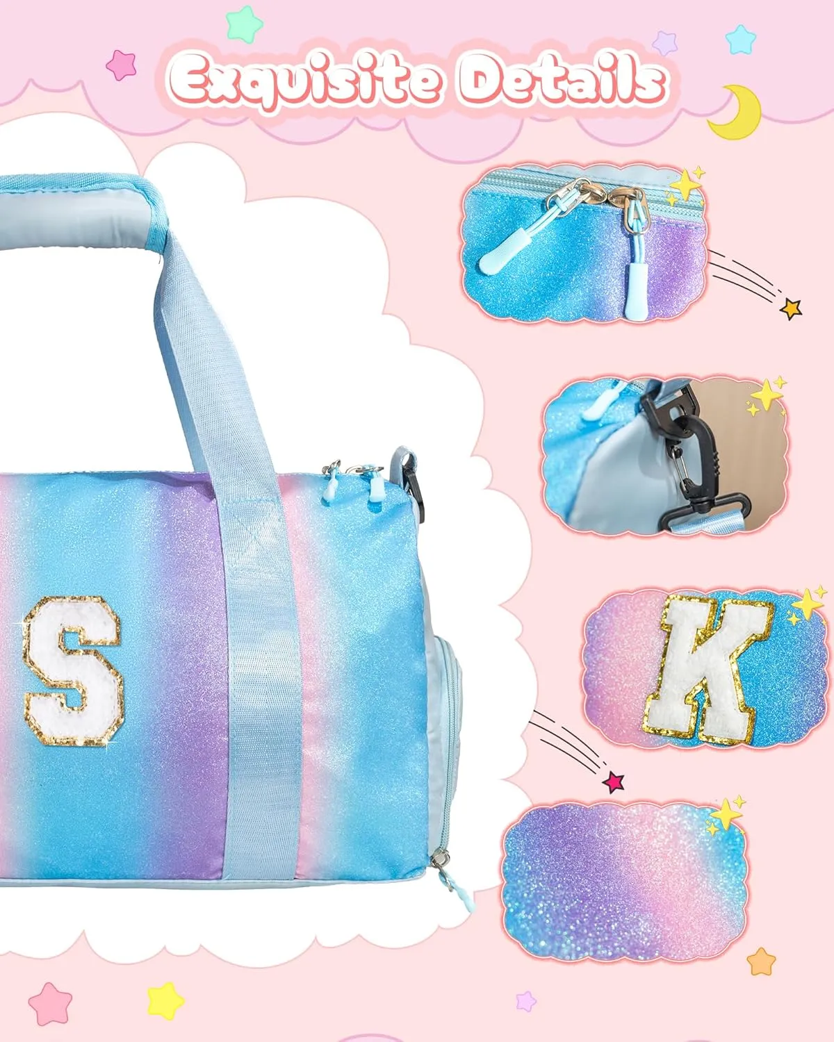 Easter Gifts for Kids-Girl Gym Bag with Shoe Compartment, Kid Personalized Weekender Overnight Bags, Initial Travel Tote with Makeup Pouch, Valentines Day Gift for Girls (Letter R)