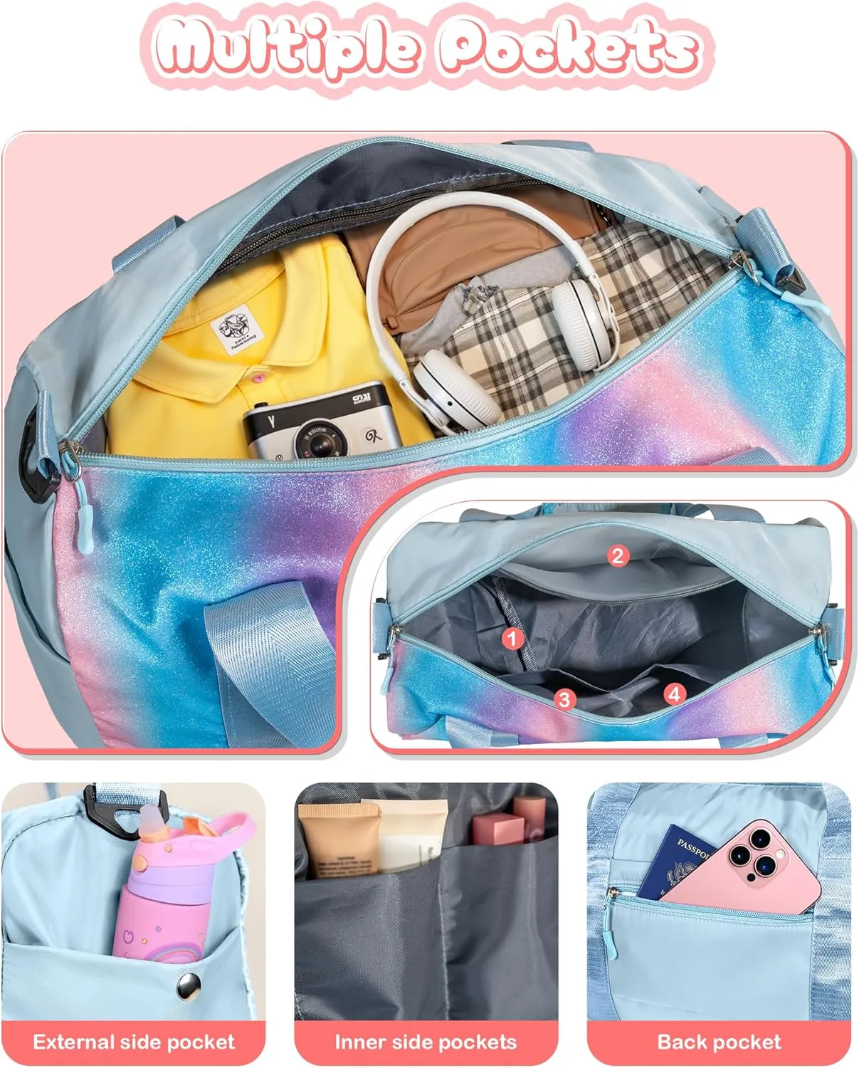 Easter Gifts for Kids-Girl Gym Bag with Shoe Compartment, Kid Personalized Weekender Overnight Bags, Initial Travel Tote with Makeup Pouch, Valentines Day Gift for Girls (Letter R)