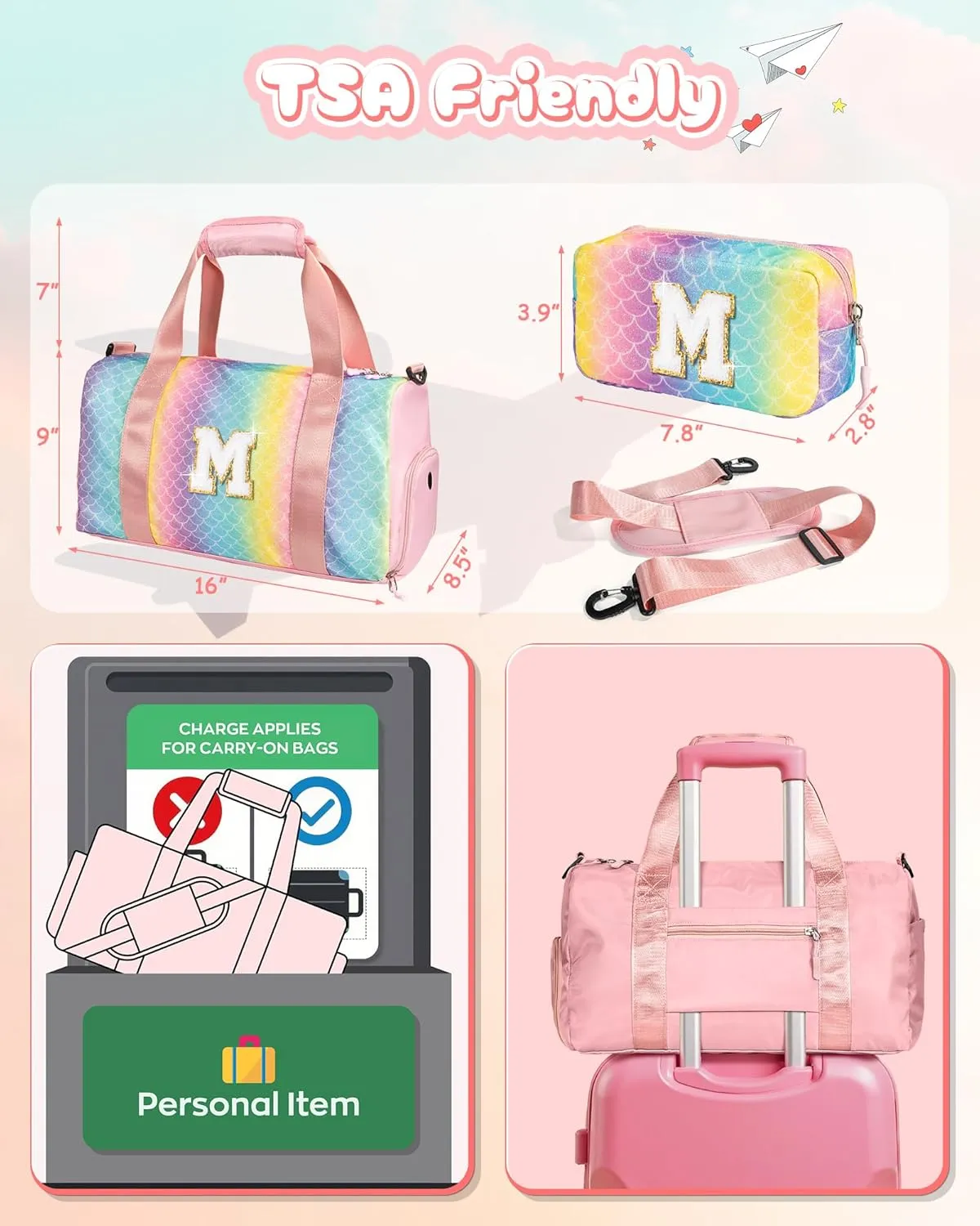 Easter Gifts for Teens Girls-Girl Gym Bag with Shoe Compartment, Kid Personalized Weekender Overnight Bags, Initial Travel Tote with Makeup Pouch, Gift for 3 4 5 6 7 Year Old Kids (Letter T)