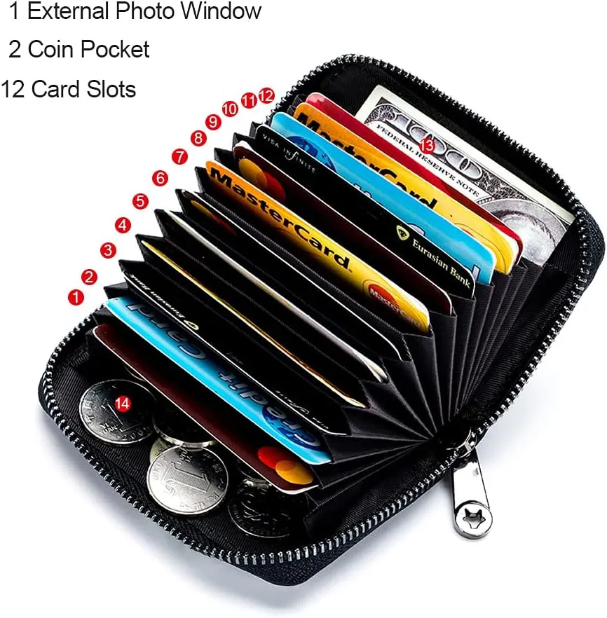 EASTNIGHTS Genuine Leather Credit Card Wallet Accordion Zipper Rfid Credit Card Holder Small Coin Purse with ID Window (dark blue)
