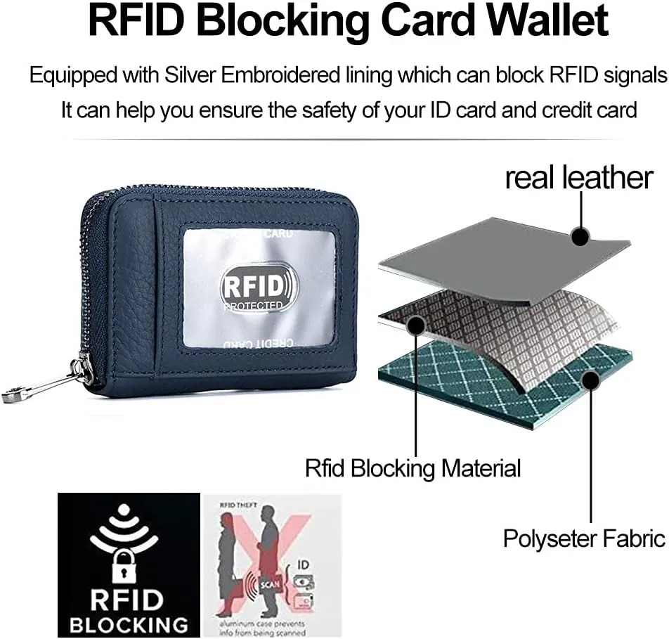 EASTNIGHTS Genuine Leather Credit Card Wallet Accordion Zipper Rfid Credit Card Holder Small Coin Purse with ID Window (dark blue)